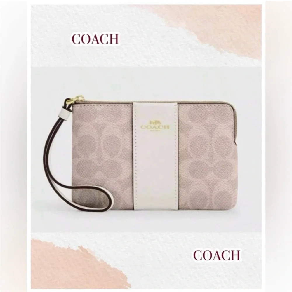COACH. 3 Piece: Canvas & Leather Corner Zip Wristlet & Free Gift Box & Stickers. - Picture 6 of 16